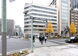 日本橋三丁目交差点、横断歩道を渡ると越前屋ビルにつきます。